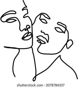 One Continuous Line Hand Drawing Two Faces. Minimalism Trendy Style. Abstract Portrait. Love. Couple. Vector Design For Cards For Valentine's Day, Wedding Invitation, Tattoo. 