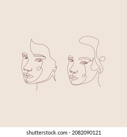 One Continuous Line Hand Drawing Two Faces. Minimalism Trendy Style. Abstract Portrait. Love. Couple. Vector Design For Cards For Valentine's Day, Wedding Invitation, Tattoo. 