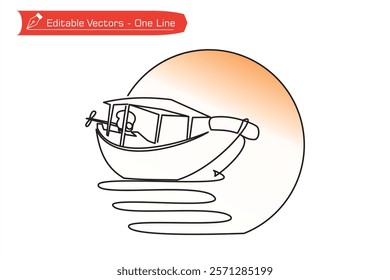 One continuous line hand drawing of motorized boat on water with full moon, sun background. Vector illustration of one line drawing of boat, beach and full moon, sun. Beach scene icon.