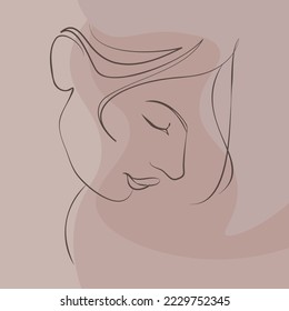 Una línea continua de arte vectorial dibujado a mano con la hermosa cara de la mujer en una curva elegante. Paleta de color de piel, formas abstractas. Diseño moderno y simplista para el arte de la pared, la moda, la impresión, el tatuaje, la cubierta, la tarjeta.