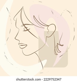 Una línea continua de arte vectorial dibujado a mano con la hermosa cara de la mujer en una curva elegante. Paleta de color de piel, formas abstractas. Diseño moderno y simplista para el arte de la pared, la moda, la impresión, el tatuaje, la cubierta, la tarjeta.