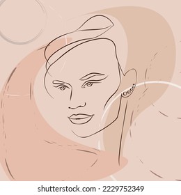 Una línea continua de arte vectorial dibujado a mano con la hermosa cara de la mujer en una curva elegante. Paleta de color de piel, formas abstractas. Diseño moderno y simplista para el arte de la pared, la moda, la impresión, el tatuaje, la cubierta, la tarjeta.