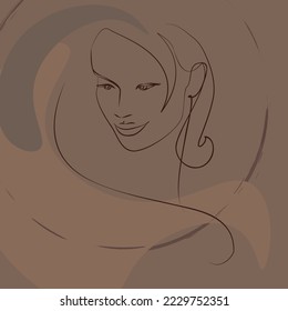 Una línea continua de arte vectorial dibujado a mano con la hermosa cara de la mujer en una curva elegante. Paleta de color de piel, formas abstractas. Diseño moderno y simplista para el arte de la pared, la moda, la impresión, el tatuaje, la cubierta, la tarjeta.