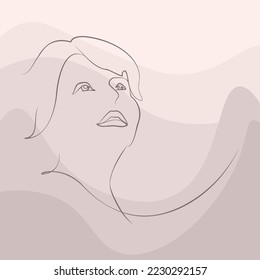 Una línea continua de arte vectorial dibujado a mano con la hermosa cara de la mujer en una curva elegante. Paleta de color de piel, formas abstractas. Diseño moderno y simplista para el arte de la pared, la moda, la impresión, el tatuaje, la cubierta, la tarjeta.