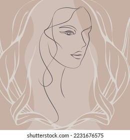 Una línea continua de arte vectorial dibujado a mano con la hermosa cara de la mujer en una curva elegante. Paleta de color de piel, formas abstractas. Diseño moderno y simplista para el arte de la pared, la moda, la impresión, el tatuaje, la cubierta, la tarjeta.
