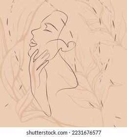 Una línea continua de arte vectorial dibujado a mano con la hermosa cara de la mujer en una curva elegante. Paleta de color de piel, formas abstractas. Diseño moderno y simplista para el arte de la pared, la moda, la impresión, el tatuaje, la cubierta, la tarjeta.