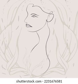 One continuous line hand drawn vector art with beautiful woman face in elegant curve. Skin color palette, abstract forms. Modern simplistic design for wall art, fashion, print, tattoo, cover, card.