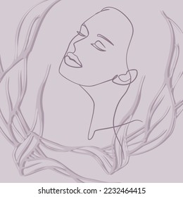 Una línea continua de arte vectorial dibujado a mano con la hermosa cara de la mujer en una curva elegante. Paleta de color de piel, formas abstractas. Diseño moderno y simplista para el arte de la pared, la moda, la impresión, el tatuaje, la cubierta, la tarjeta.
