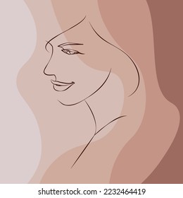 Una línea continua de arte vectorial dibujado a mano con la hermosa cara de la mujer en una curva elegante. Paleta de color de piel, formas abstractas. Diseño moderno y simplista para el arte de la pared, la moda, la impresión, el tatuaje, la cubierta, la tarjeta.