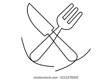 One continuous one line hand drawn plate, knife and fork Simple sketch design isolated on white background. outline Vector illustration