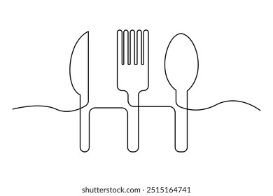 Una línea continua dibujada a mano placa, cuchillo y tenedor Diseño de boceto simple aislado sobre fondo blanco. Ilustración vectorial de contorno