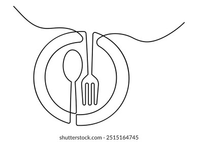 One continuous one line hand drawn plate, knife and fork Simple sketch design isolated on white background. outline Vector illustration