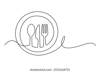 Una línea continua dibujada a mano placa, cuchillo y tenedor Diseño de boceto simple aislado sobre fondo blanco. Ilustración vectorial de contorno