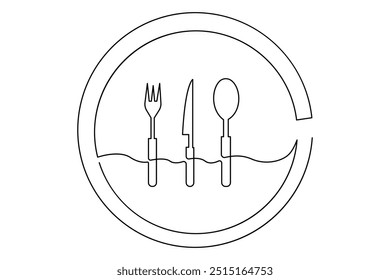 One continuous one line hand drawn plate, knife and fork Simple sketch design isolated on white background. outline Vector illustration