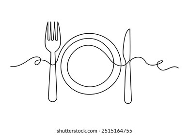 Uma placa contínua desenhada à mão de uma linha, faca e garfo Projeto de esboço simples isolado no fundo branco.
