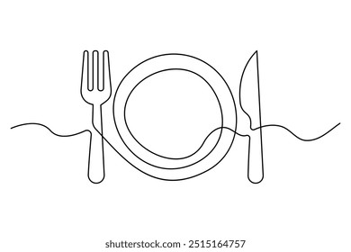 One continuous one line hand drawn plate, knife and fork Simple sketch design isolated on white background. outline Vector illustration