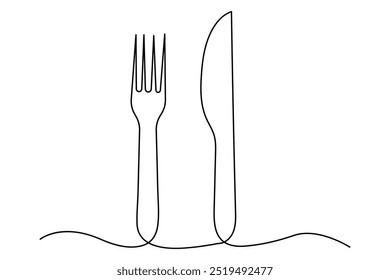 Una línea continua dibujada a mano placa, cuchillo y tenedor Diseño de boceto simple aislado sobre fondo blanco. Ilustración vectorial de contorno