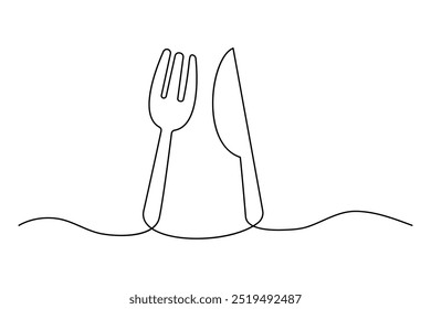Uma placa contínua desenhada à mão de uma linha, faca e garfo Projeto de esboço simples isolado no fundo branco.