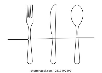 One continuous one line hand drawn plate, knife and fork Simple sketch design isolated on white background. outline Vector illustration