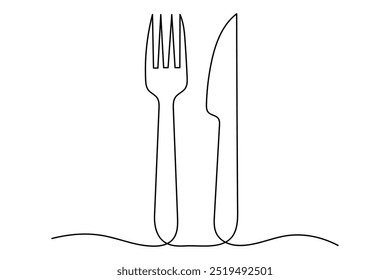 One continuous one line hand drawn plate, knife and fork Simple sketch design isolated on white background. outline Vector illustration