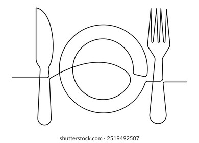One continuous one line hand drawn plate, knife and fork Simple sketch design isolated on white background. outline Vector illustration