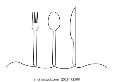 One continuous one line hand drawn plate, knife and fork Simple sketch design isolated on white background. outline Vector illustration