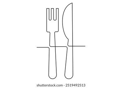 One continuous one line hand drawn plate, knife and fork Simple sketch design isolated on white background. outline Vector illustration