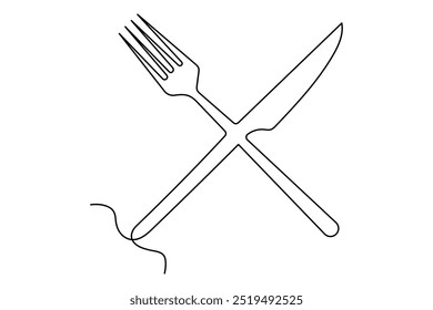 One continuous one line hand drawn plate, knife and fork Simple sketch design isolated on white background. outline Vector illustration