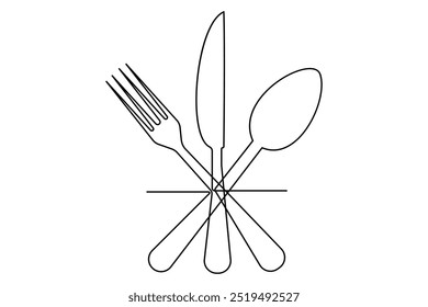One continuous one line hand drawn plate, knife and fork Simple sketch design isolated on white background. outline Vector illustration