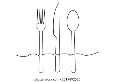 One continuous one line hand drawn plate, knife and fork Simple sketch design isolated on white background. outline Vector illustration