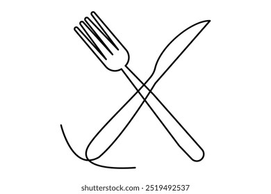 One continuous one line hand drawn plate, knife and fork Simple sketch design isolated on white background. outline Vector illustration