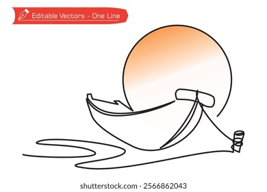 One continuous line of hand drawn boat and sun moon on the beach. Vector illustration of one line hand drawn boat as a symbol of river and sea tourism. Sunset, sunrise, full moon background.