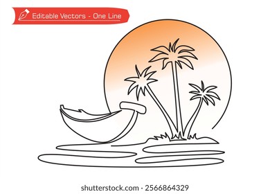 One continuous line of hand drawn boat on the beach, coconut or palm trees on an island, sun moon background. Vector illustration of one line hand drawn beach scenery, boat, coconut trees, sunset, sun