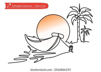 One continuous line of hand drawn boat moored on shore, coconut or palm trees on island, sun moon background. Vector illustration of one continuous line hand drawn scenery with sunset, sunrise.