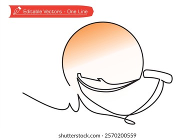 One continuous line of hand drawn boat on water, sun or full moon as symbol of water adventure. Vector illustration of simple line drawing of boat, orange sun and moon. Beauty in nature river tourism.