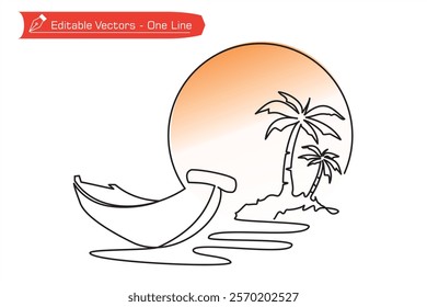 One continuous line of hand drawn boat on beach, coconut trees on island, sun or full moon. Vector illustration of simple line drawing of beach scene with coconut trees on island during full moon.