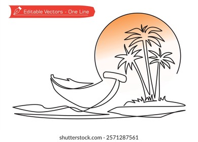 One continuous line hand drawn beach scene, boat, coconut trees on island, full moon, sun. Vector illustration one line drawing of boat on water, beach, coconut trees and full moon, full sun.