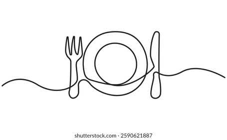 One continuous one line hand drawn plate, knife and fork Simple sketch design isolated on white background