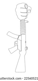 One continuous line of hand holding a Machine Gun by the barrel. Thin Line Illustration vector concept. Contour Drawing Creative ideas.