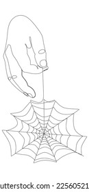 One continuous line of hand holding spider web. Thin Line Illustration vector concept. Contour Drawing Creative ideas.