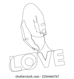 One continuous line of hand holding a string with Love word. Thin Line Illustration vector concept. Contour Drawing Creative ideas.