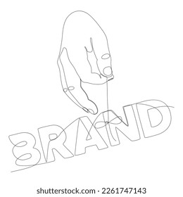 Una línea de mano continua sosteniendo una cadena con la palabra Brand. Concepto vectorial de Ilustración de líneas delgadas. Contour Drawing Ideas Creativas.