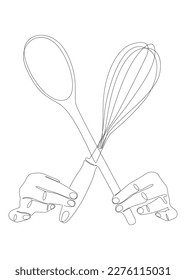 Una línea de mano continua sosteniendo el Wire Whisk y la Cuchara de Madera. Concepto vectorial de Ilustración de líneas delgadas. Contour Drawing Ideas Creativas.