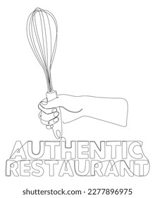 One continuous line of hand holding Kitchen Utensil with Authentic Restaurant text. Thin Line Illustration vector concept. Contour Drawing Creative ideas.