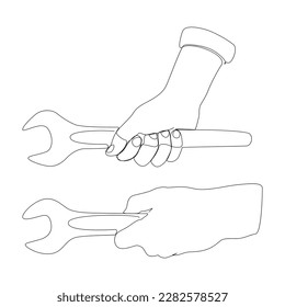 One continuous line of hand holding Wrench. Thin Line Illustration vector concept. Contour Drawing Creative ideas.