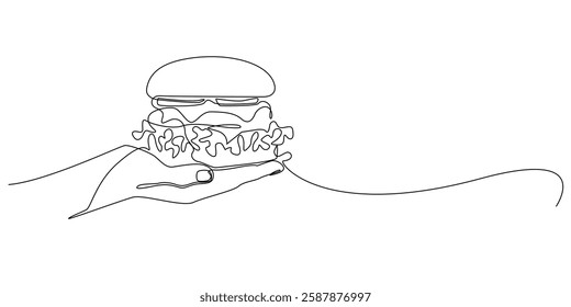 one continuous line of hand holding a hamburger.single line vector illustration of burger in the palm.isolated single line