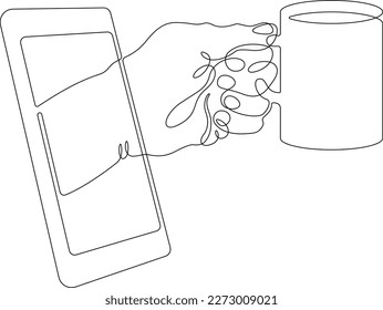 One continuous line. A hand holds a cup of coffee. Hand with coffee mug from smartphone screen. Cell phone. Mobile application for online food delivery.One continuous line isolated, white background.