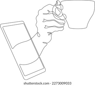 One continuous line. A hand holds a cup of coffee. Hand with coffee mug from smartphone screen. Cell phone. Mobile application for online food delivery.One continuous line isolated, white background.