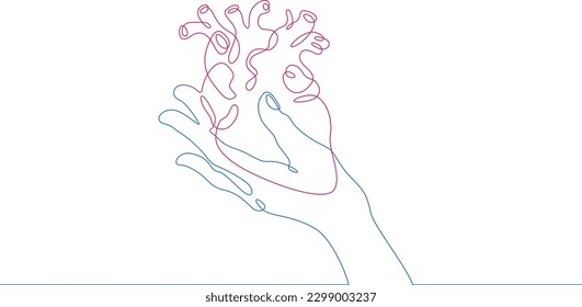 Eine durchgehende Linie. Die Hand hält ein menschliches Herz. Medizin. Menschliches Herz in der Hand des Chirurgen. Symbol des Lebens und der Liebe. Blaues, hellrotes Herz. Eine durchgehende Linie, einzeln auf weißem Hintergrund.