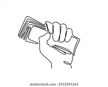 One continuous line. The hand holds a banknote. Money signs. Banknote in hand. Paper money. Hand palm. One continuous line drawn isolated, white background.